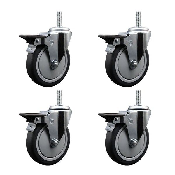 Service Caster 5 Inch Thermoplastic Rubber Wheel Swivel 58 Inch Threaded Stem Caster Set with Brake SCC SCC-TS20S514-TPRB-PLB-58212-4 - main